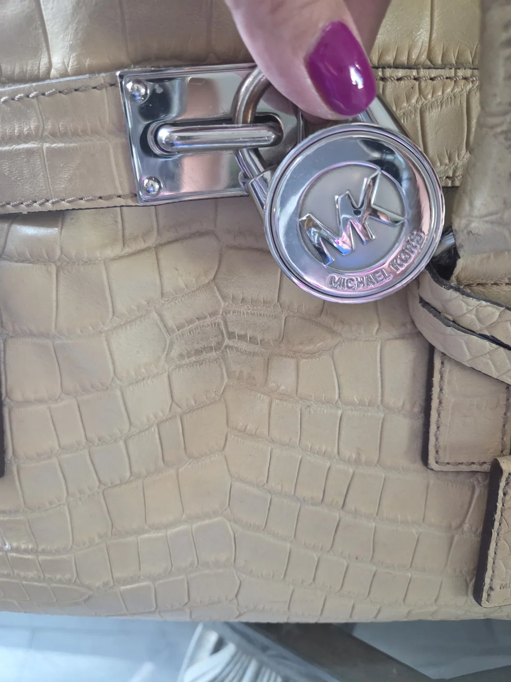 Michael Kors Beige Croc-Embossed Satchel with Silver Hardware
